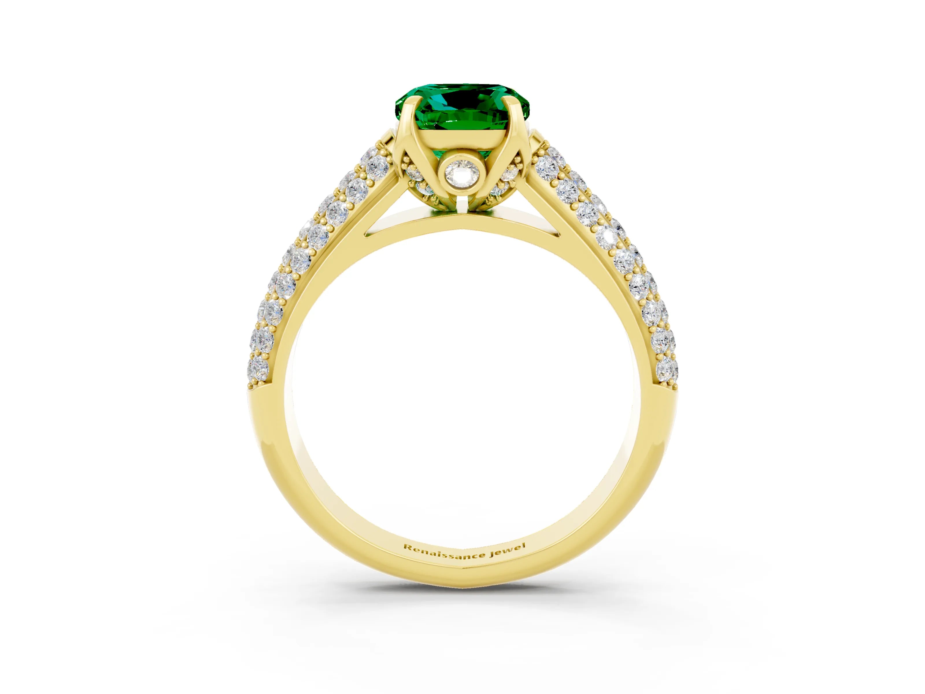 Yellow gold Cushion Cut Emerald Solitaire Ring with Three-Row Pavé Band and Four-Prong Setting_15
