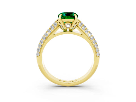 Yellow gold Cushion Cut Emerald Solitaire Ring with Three-Row Pavé Band and Four-Prong Setting_15