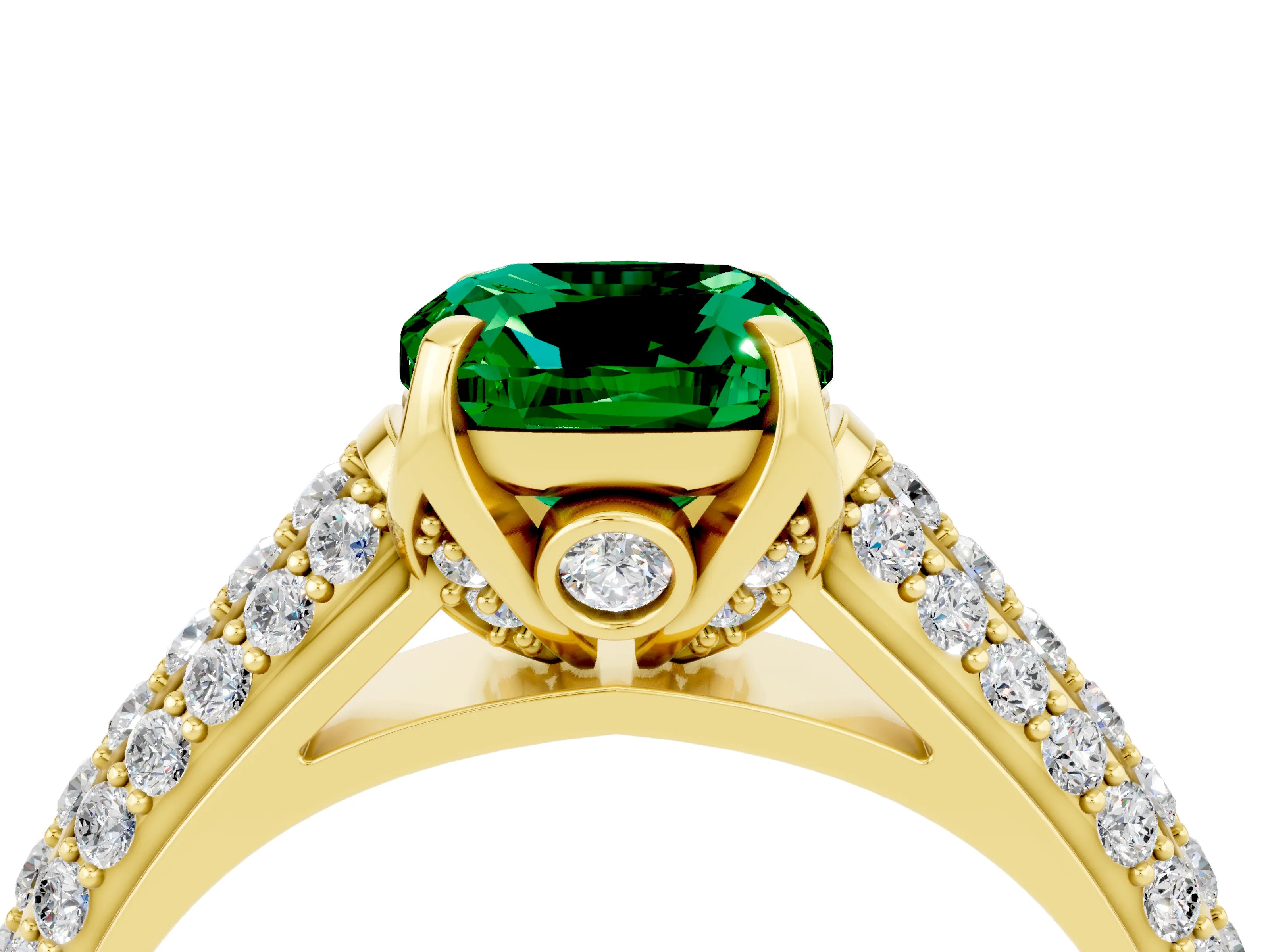Yellow gold Cushion Cut Emerald Solitaire Ring with Three-Row Pavé Band and Four-Prong Setting_16