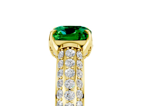 Yellow gold Cushion Cut Emerald Solitaire Ring with Three-Row Pavé Band and Four-Prong Setting_17
