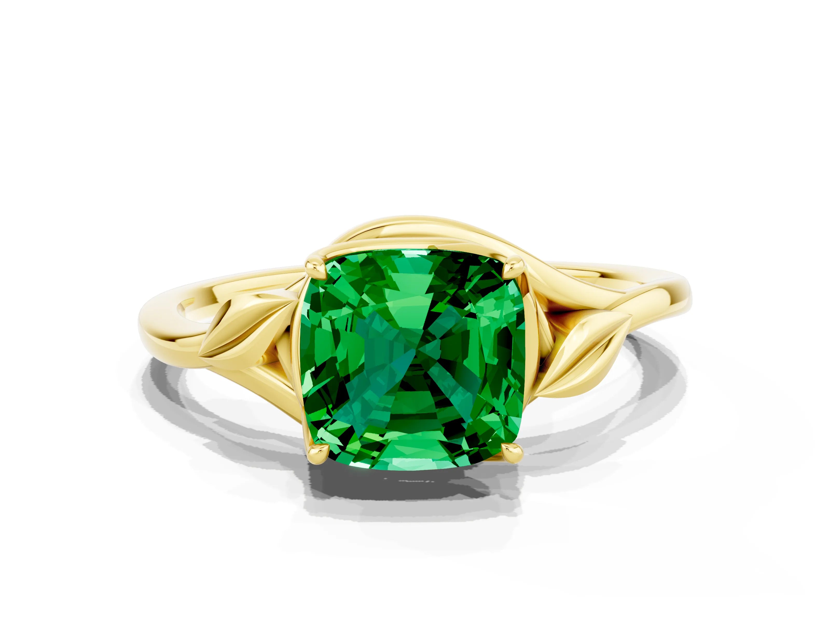 Yellow gold Cushion Cut Emerald Solitaire Ring with Twist Band and Four-Prong Setting_24