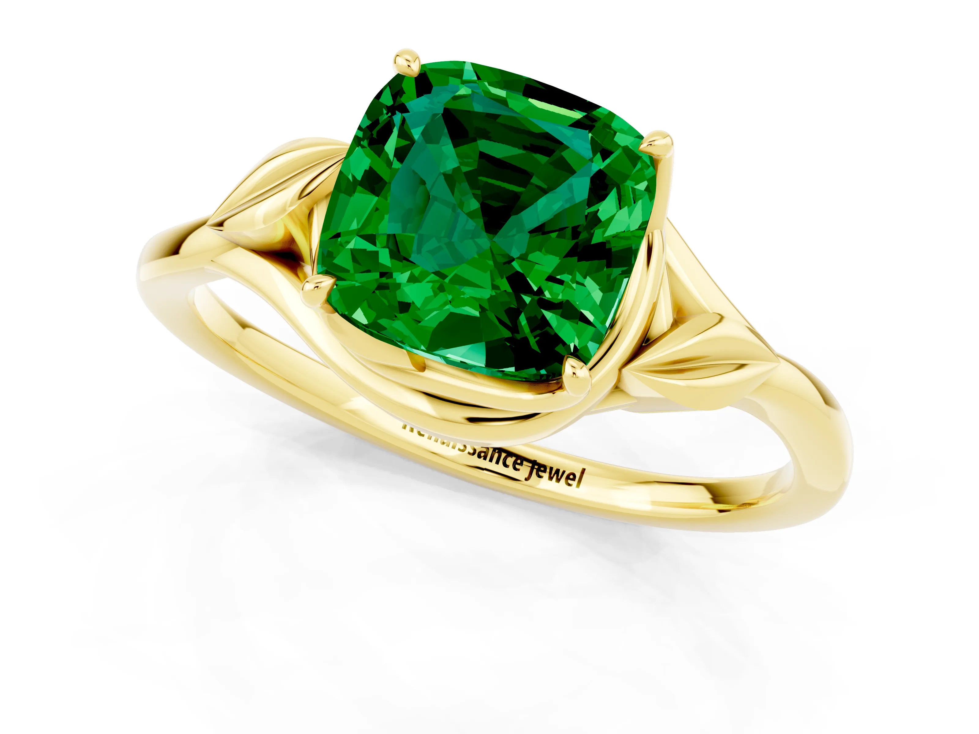 Yellow gold Cushion Cut Emerald Solitaire Ring with Twist Band and Four-Prong Setting_25