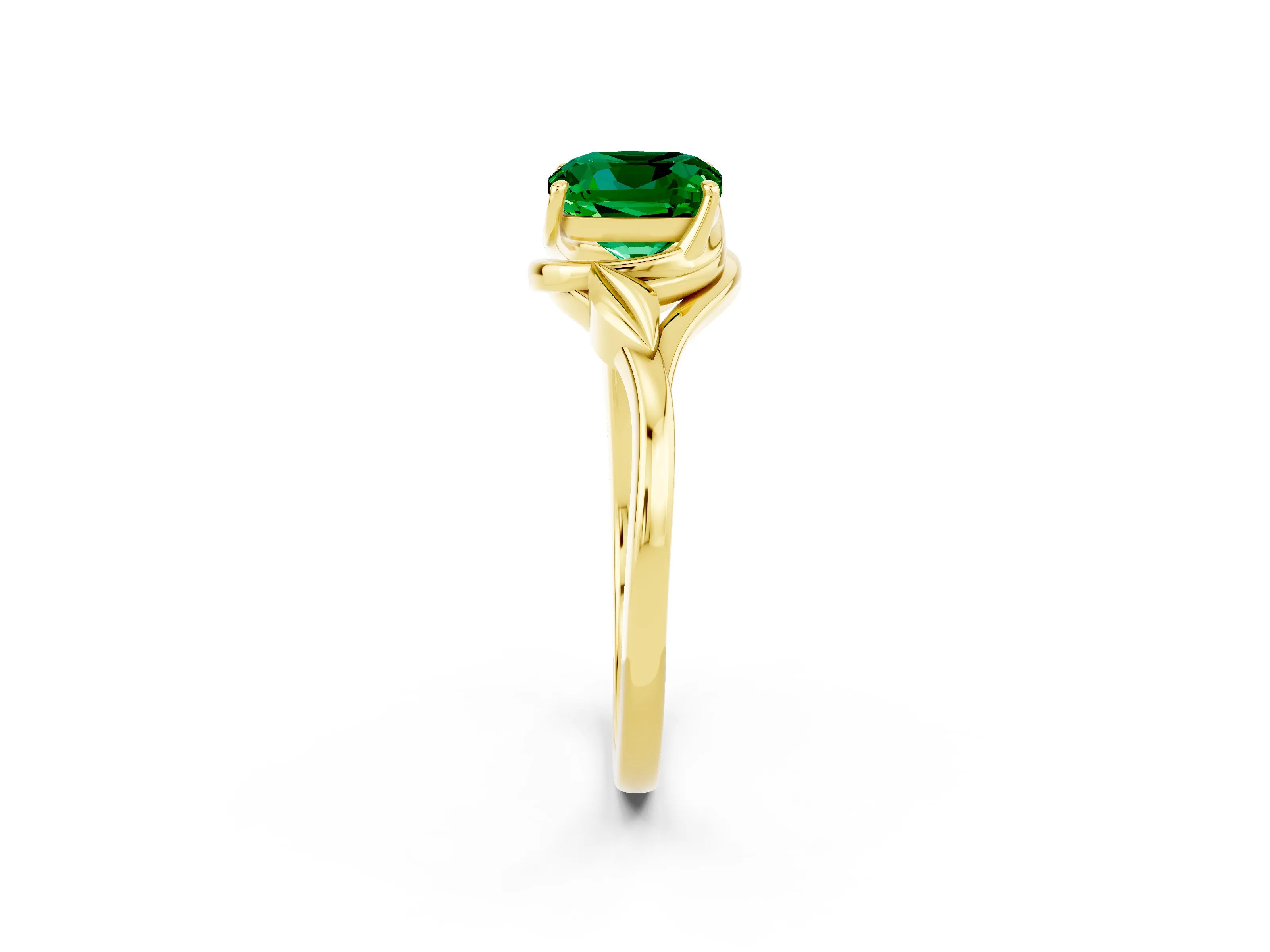 Yellow gold Cushion Cut Emerald Solitaire Ring with Twist Band and Four-Prong Setting_26