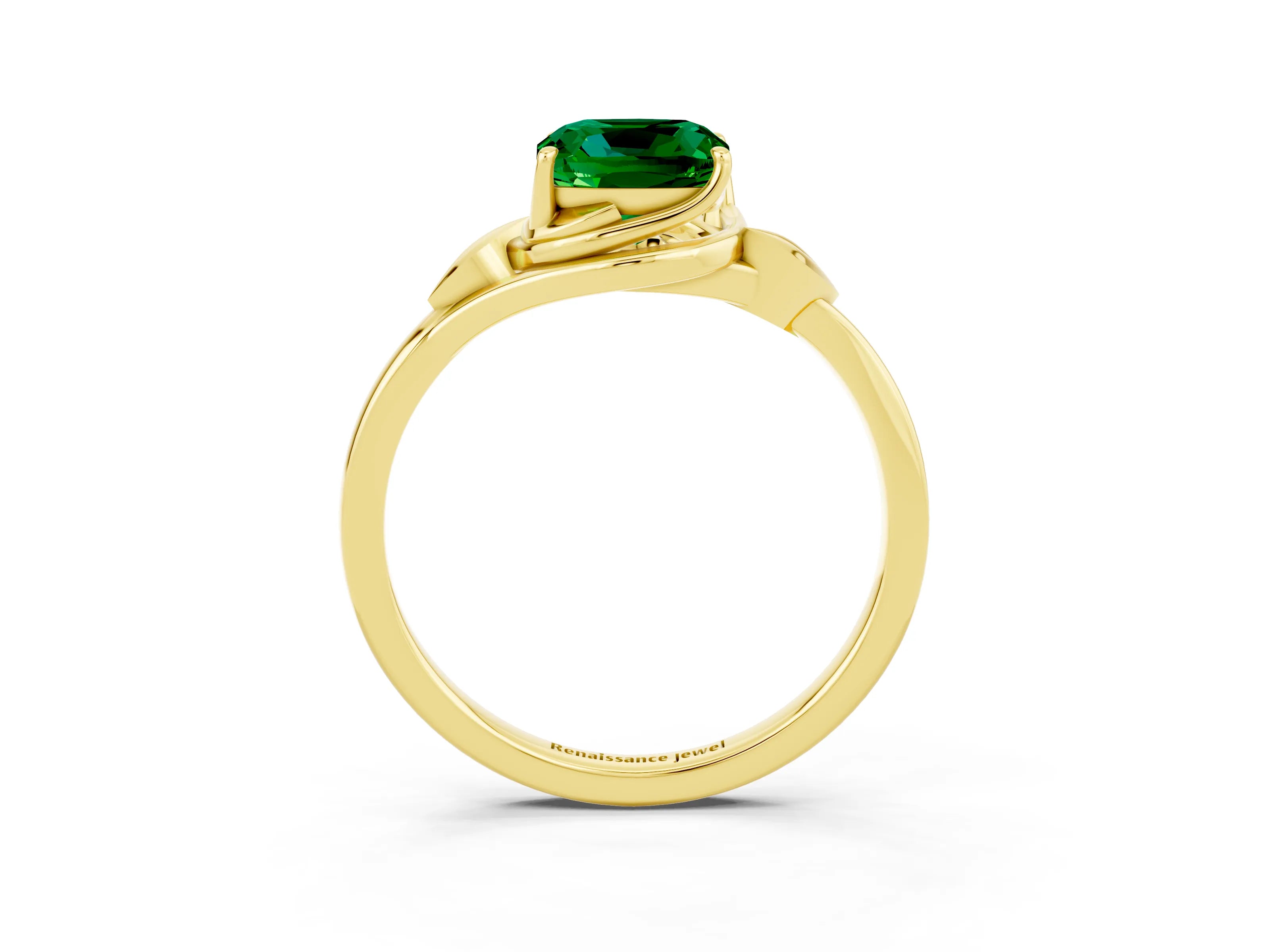 Yellow gold Cushion Cut Emerald Solitaire Ring with Twist Band and Four-Prong Setting_27
