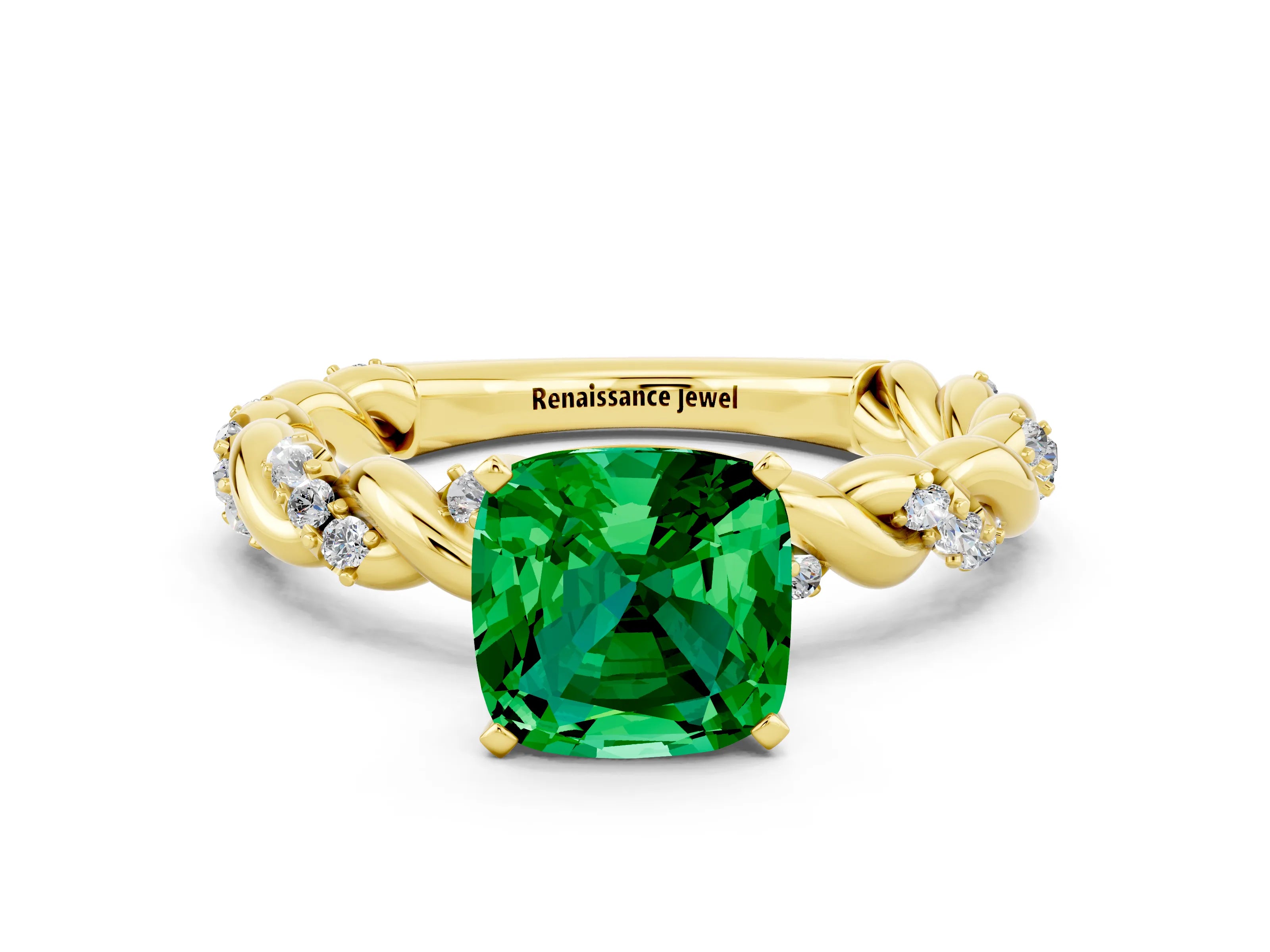Yellow gold Cushion Cut Emerald Solitaire Ring with Twisted Band and Pavé Accents