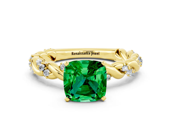 Yellow gold Cushion Cut Emerald Solitaire Ring with Twisted Band and Pavé Accents