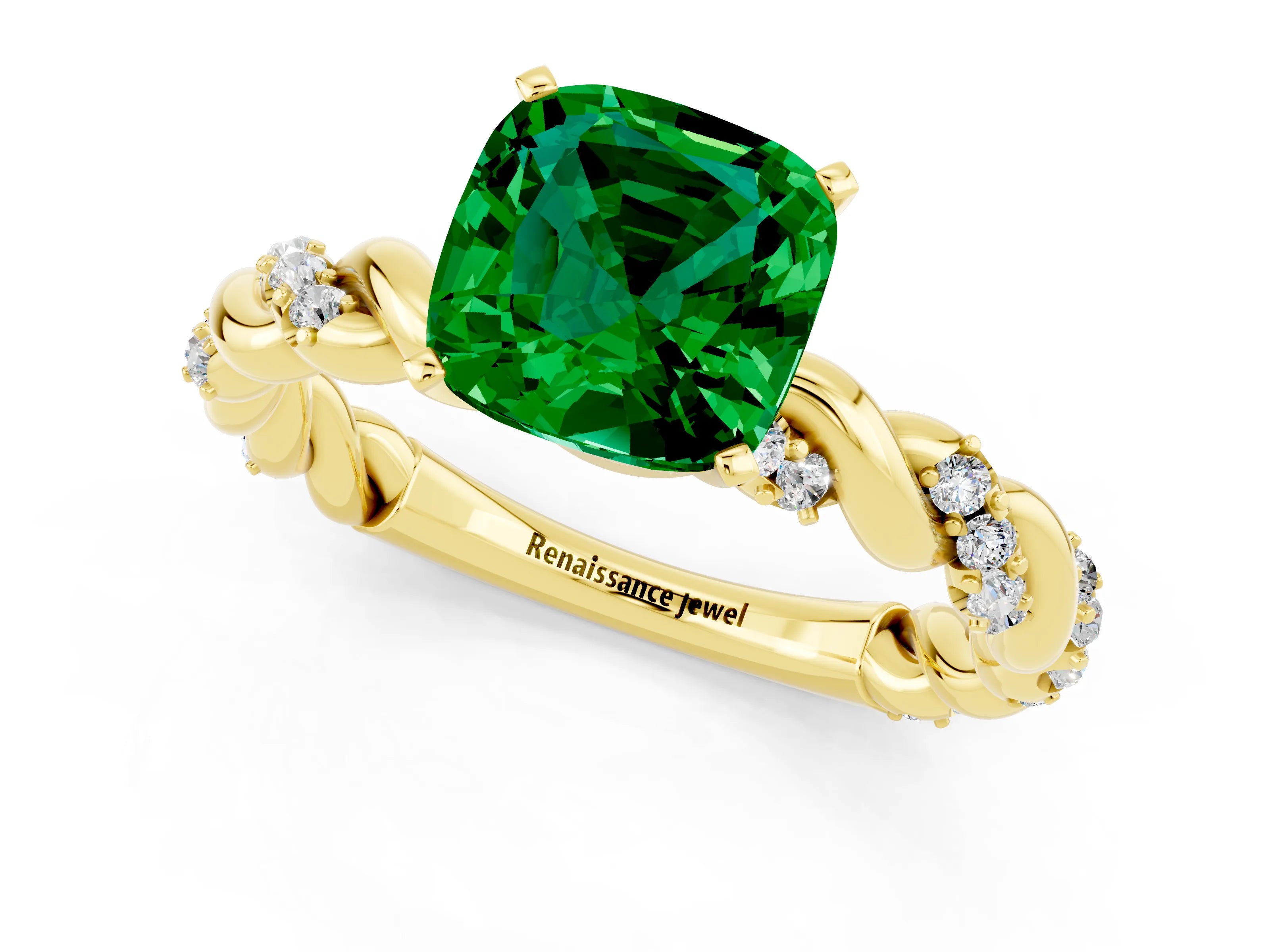 Yellow gold Cushion Cut Emerald Solitaire Ring with Twisted Band and Pavé Accents_1