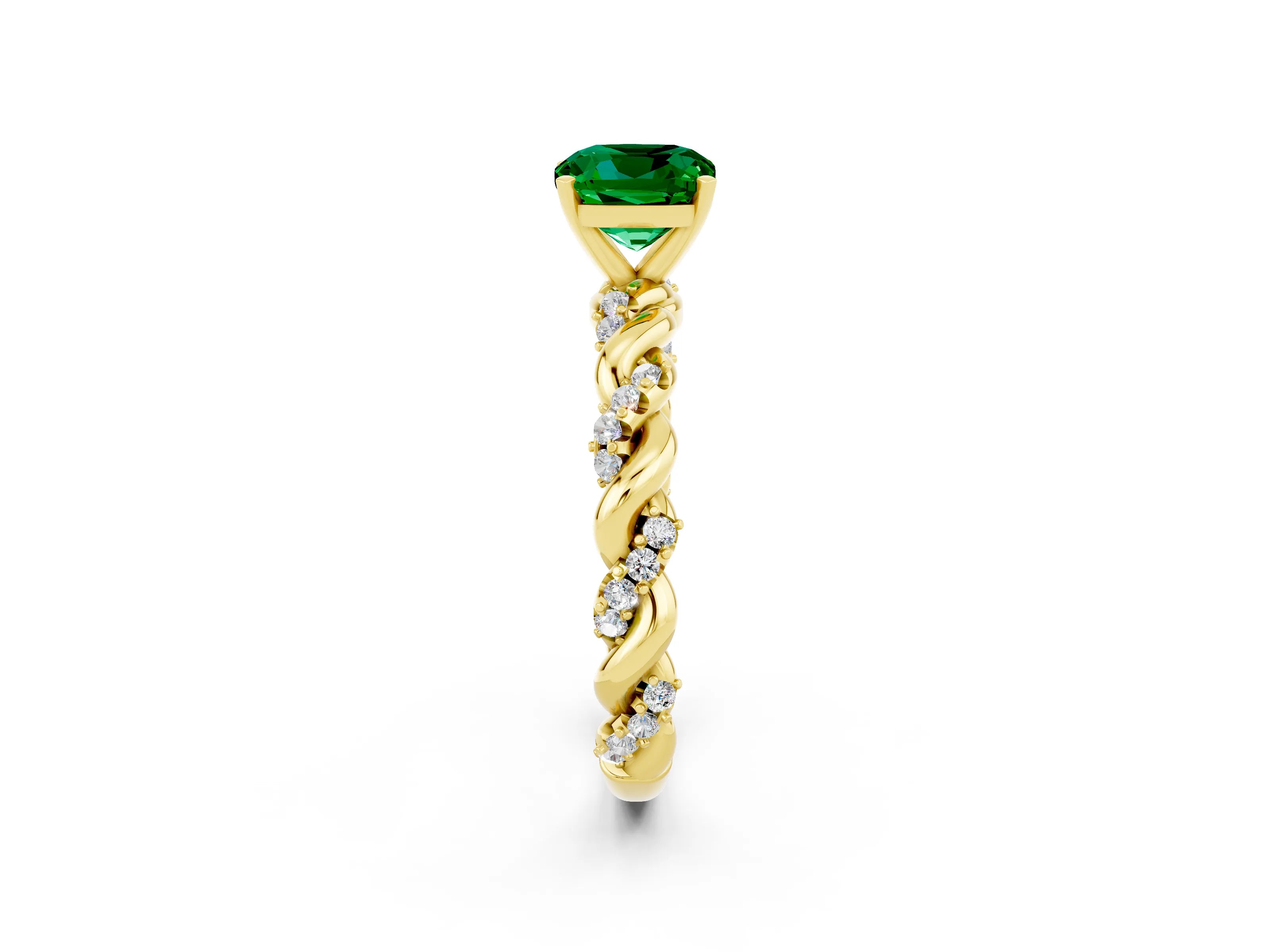 Yellow gold Cushion Cut Emerald Solitaire Ring with Twisted Band and Pavé Accents_2
