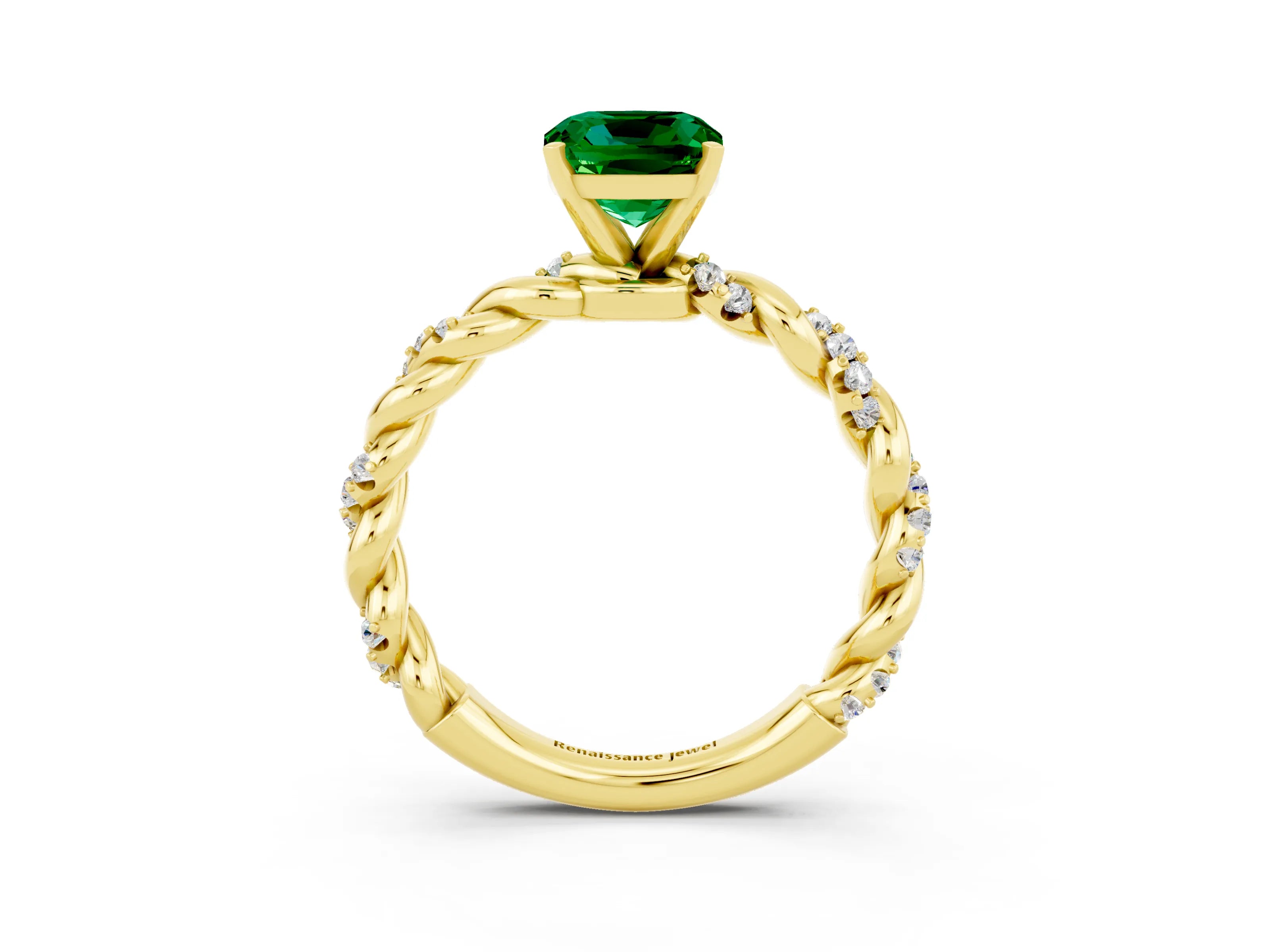 Yellow gold Cushion Cut Emerald Solitaire Ring with Twisted Band and Pavé Accents_3