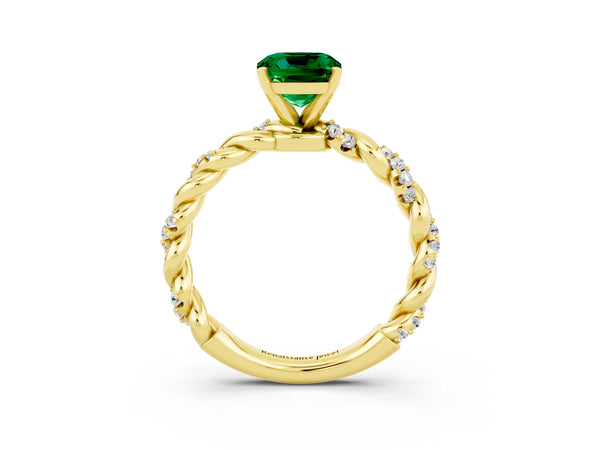 Yellow gold Cushion Cut Emerald Solitaire Ring with Twisted Band and Pavé Accents