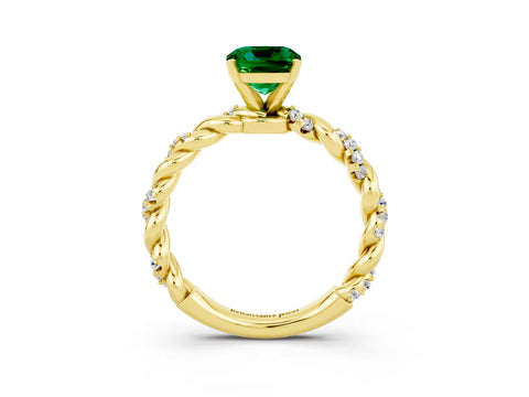 Yellow gold Cushion Cut Emerald Solitaire Ring with Twisted Band and Pavé Accents_3