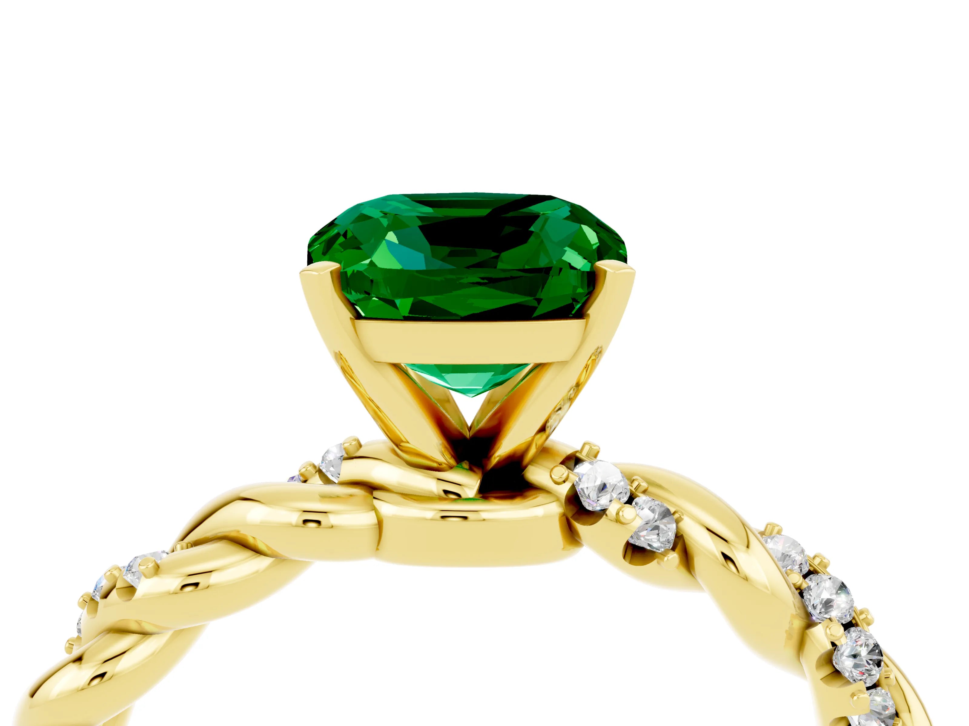 Yellow gold Cushion Cut Emerald Solitaire Ring with Twisted Band and Pavé Accents_4