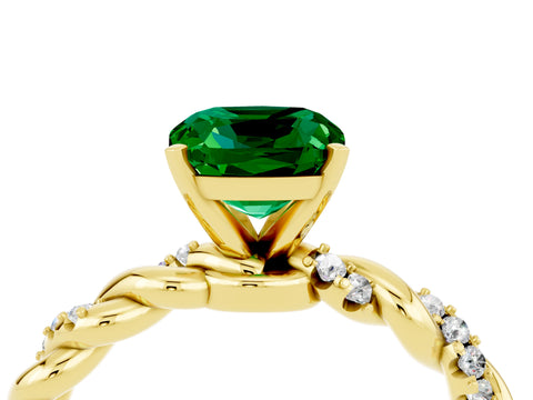 Yellow gold Cushion Cut Emerald Solitaire Ring with Twisted Band and Pavé Accents_4
