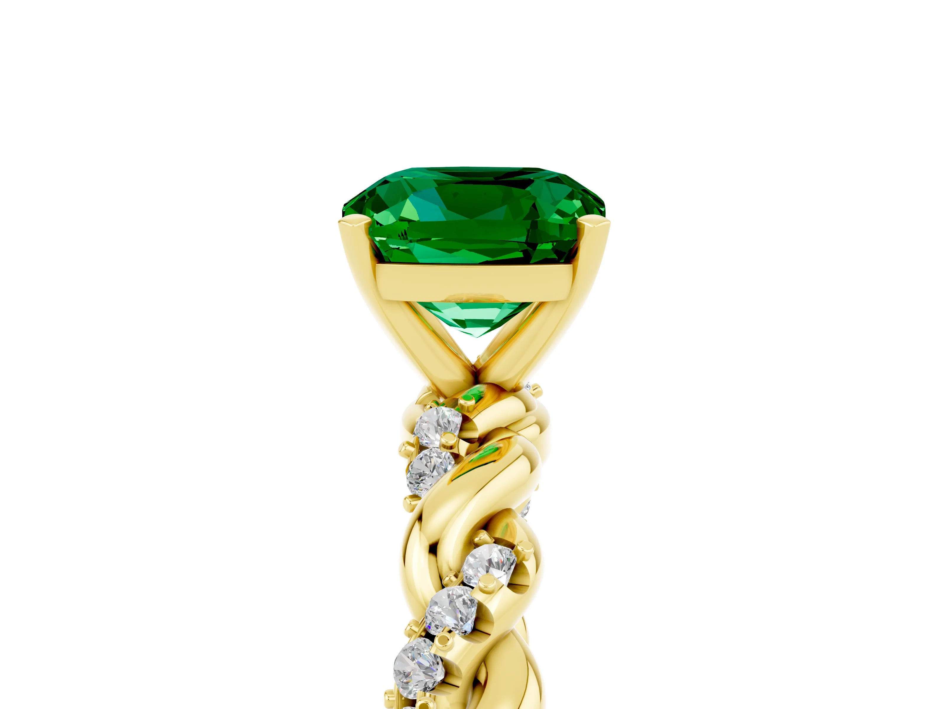 Yellow gold Cushion Cut Emerald Solitaire Ring with Twisted Band and Pavé Accents_5
