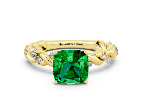Yellow gold Cushion Cut Emerald Solitaire Ring with Twisted Band and Pavé Accents