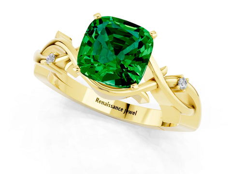 Yellow gold Cushion Cut Emerald Solitaire Ring with Twisted Band and Prong Setting_1