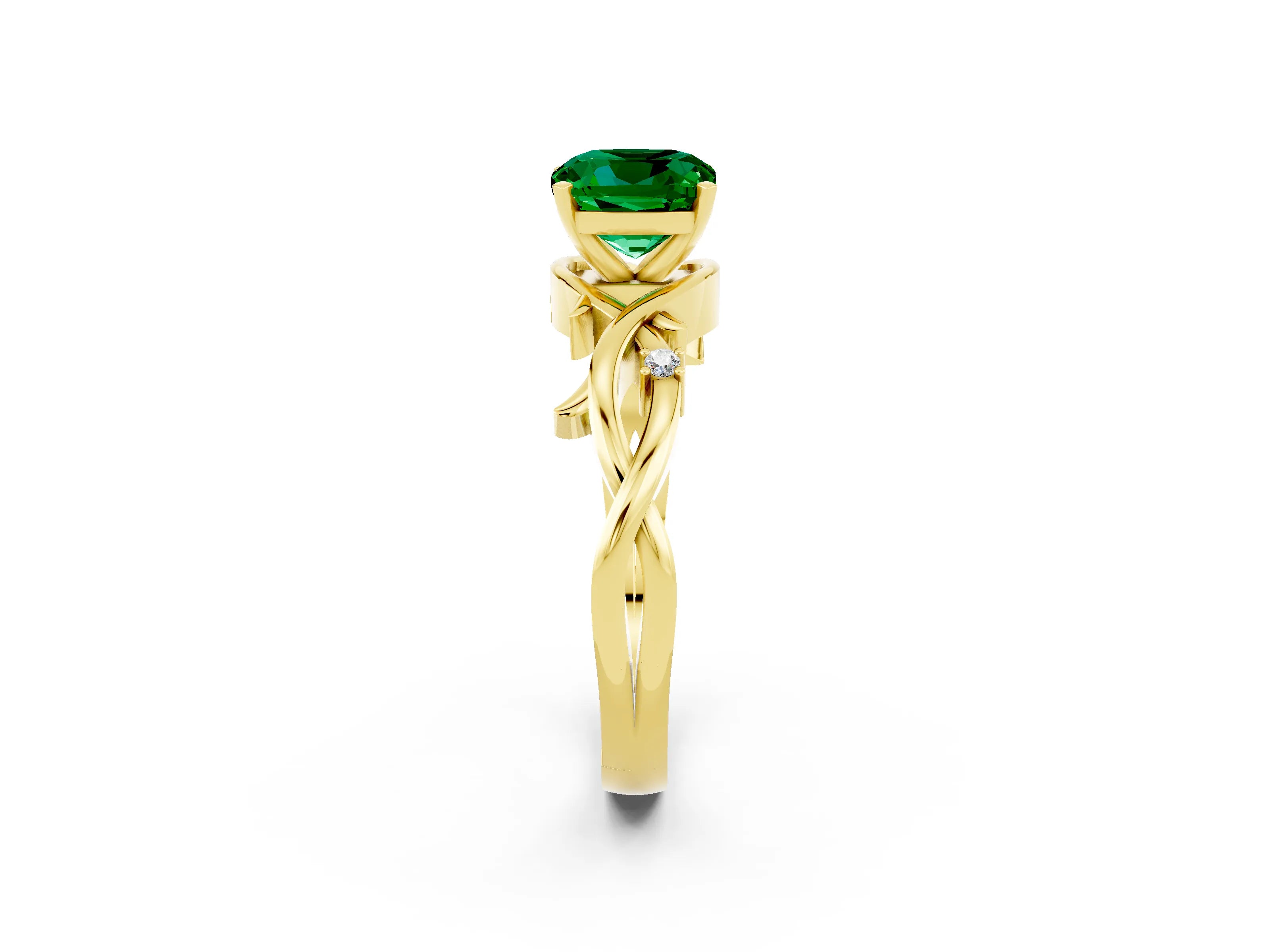 Yellow gold Cushion Cut Emerald Solitaire Ring with Twisted Band and Prong Setting_2
