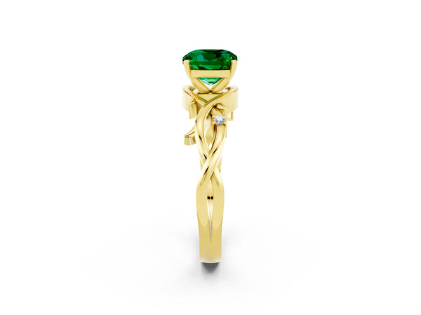 Yellow gold Cushion Cut Emerald Solitaire Ring with Twisted Band and Prong Setting