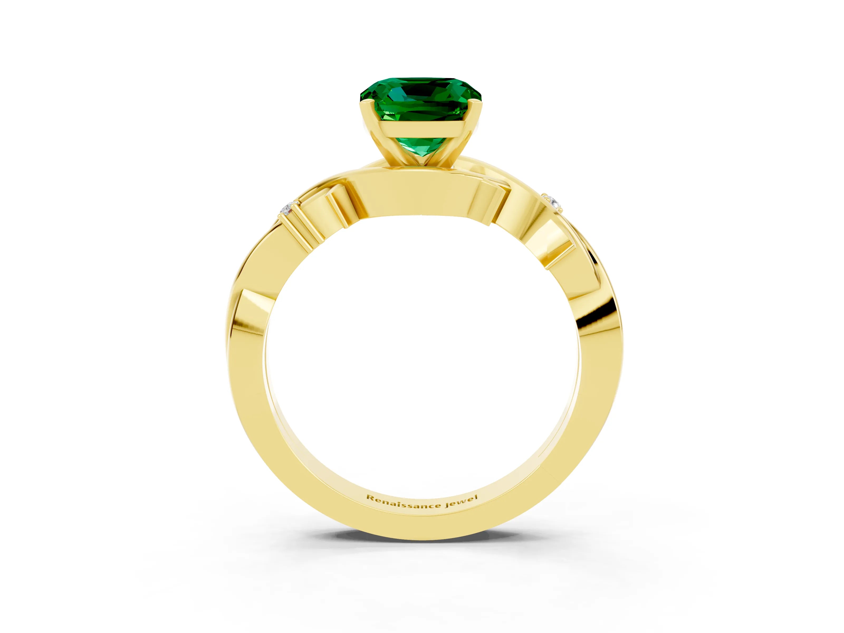 Yellow gold Cushion Cut Emerald Solitaire Ring with Twisted Band and Prong Setting_3
