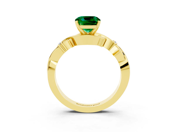 Yellow gold Cushion Cut Emerald Solitaire Ring with Twisted Band and Prong Setting