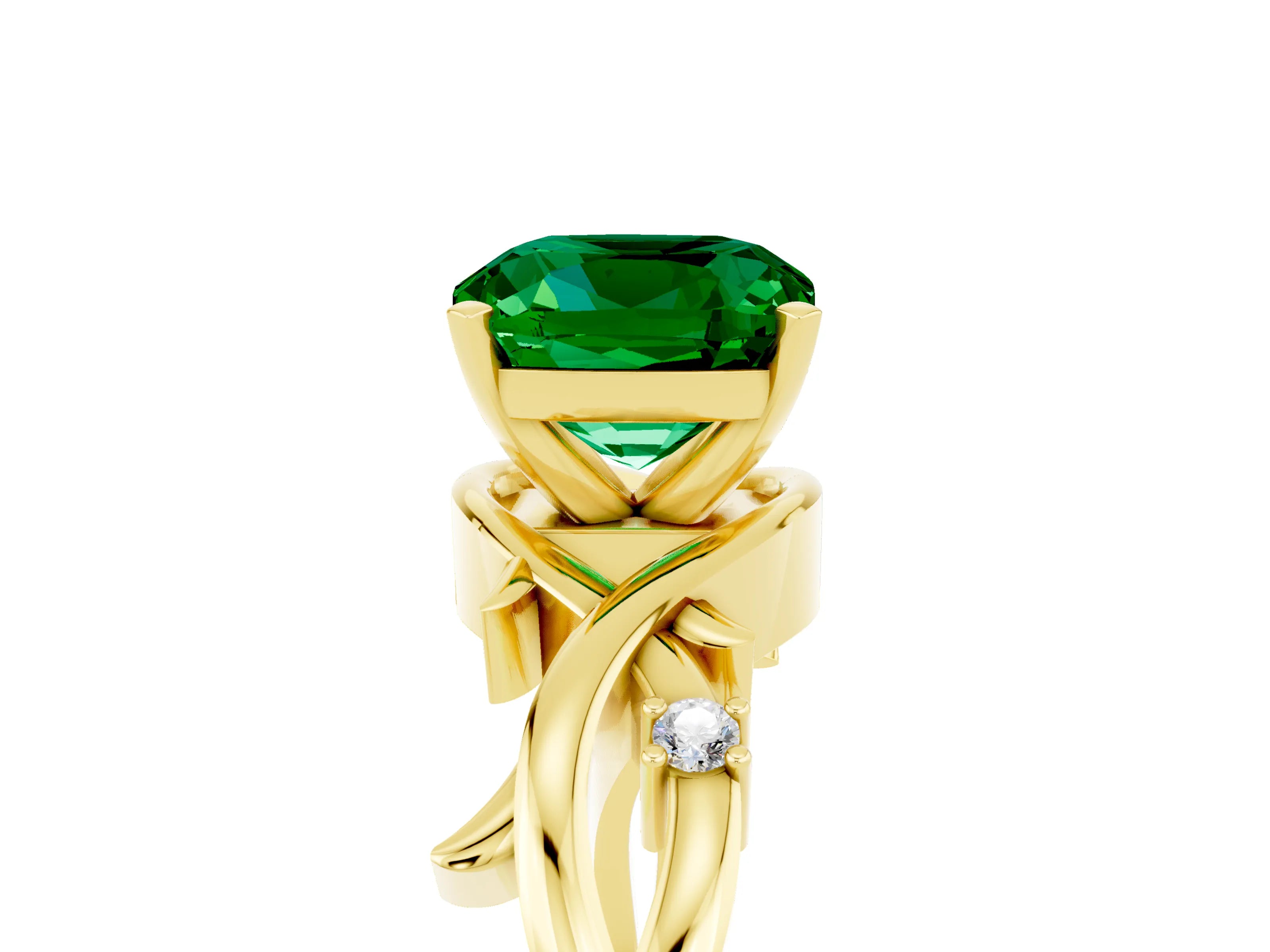 Yellow gold Cushion Cut Emerald Solitaire Ring with Twisted Band and Prong Setting_5