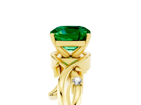Yellow gold Cushion Cut Emerald Solitaire Ring with Twisted Band and Prong Setting_5