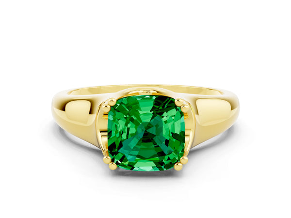 Yellow gold Cushion Cut Emerald Solitaire Ring with Wide Band and Prong Setting