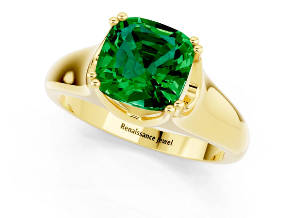 Yellow gold Cushion Cut Emerald Solitaire Ring with Wide Band and Prong Setting
