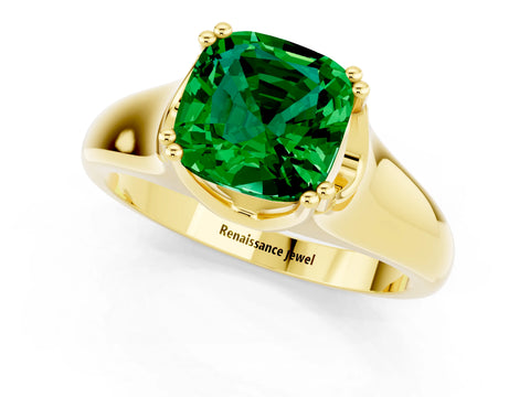 Yellow gold Cushion Cut Emerald Solitaire Ring with Wide Band and Prong Setting_1