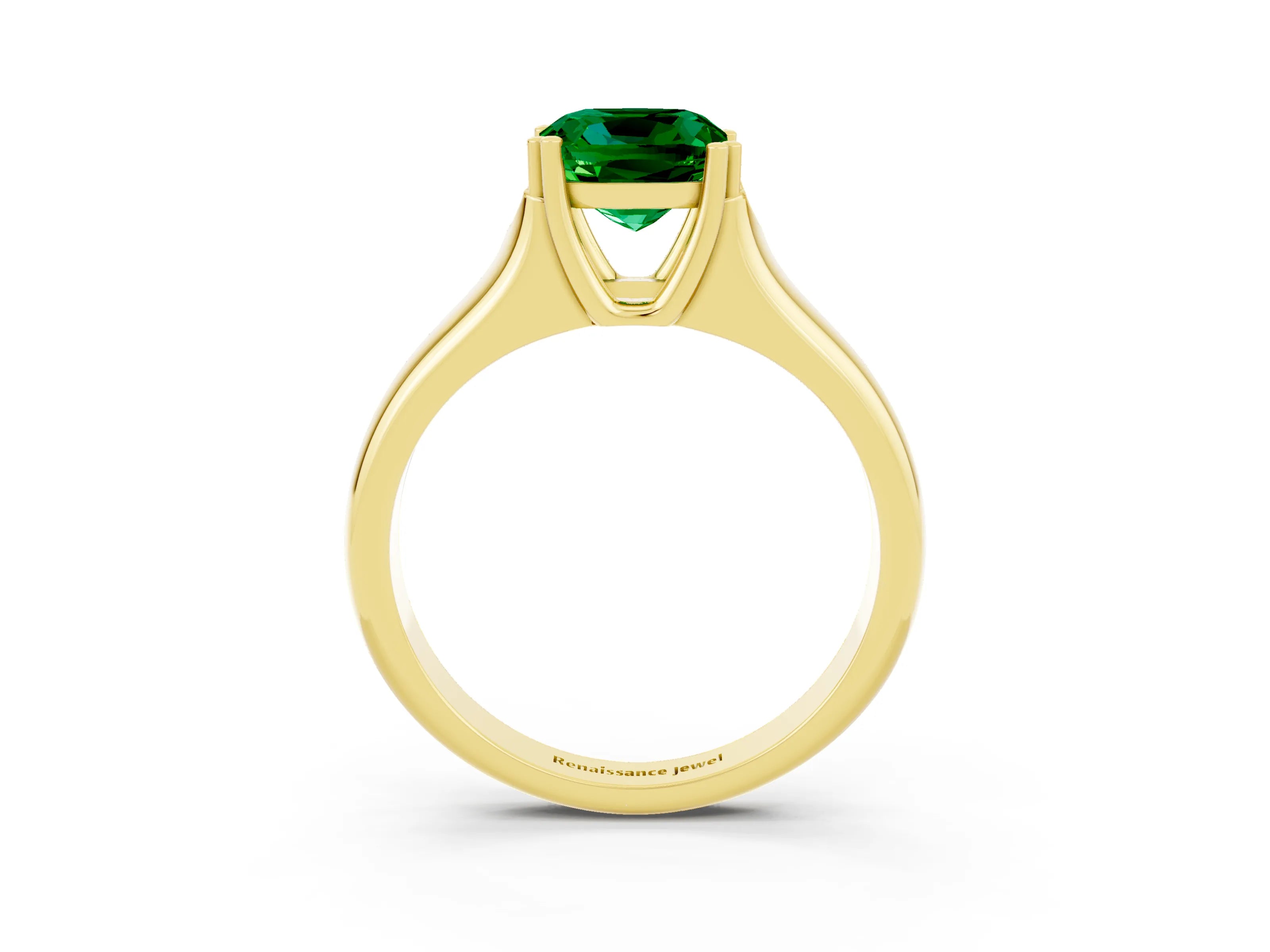 Yellow gold Cushion Cut Emerald Solitaire Ring with Wide Band and Prong Setting_3