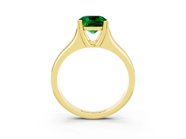 Yellow gold Cushion Cut Emerald Solitaire Ring with Wide Band and Prong Setting