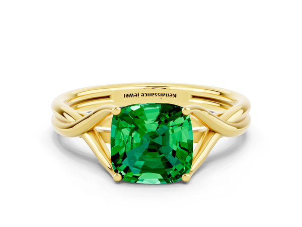 Yellow gold Cushion Cut Emerald Solitaire Twist Band Prong Setting Ring