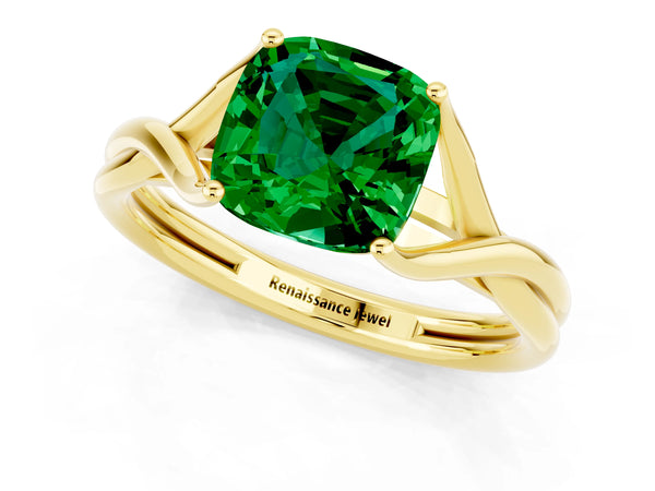 Yellow gold Cushion Cut Emerald Solitaire Twist Band Prong Setting Ring