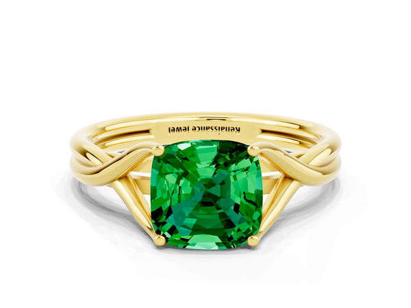 Yellow gold Cushion Cut Emerald Solitaire Twist Band Prong Setting Ring
