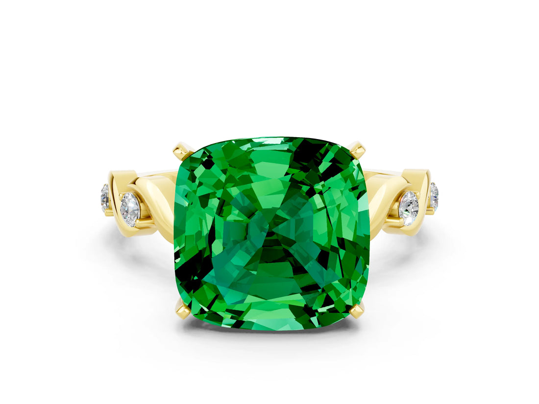 Yellow gold Cushion Cut Emerald Solitaire Twisted Band with Round  Accents and Prong Setting_12