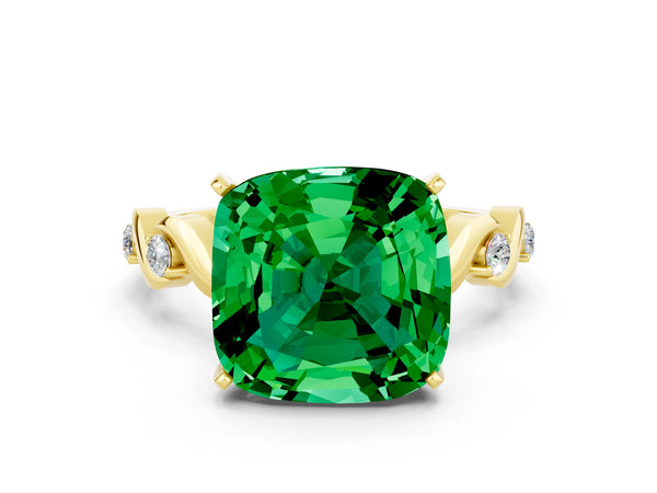 Yellow gold Cushion Cut Emerald Solitaire Twisted Band with Round  Accents and Prong Setting