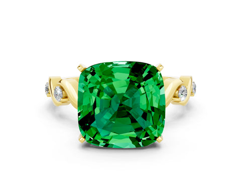 Yellow gold Cushion Cut Emerald Solitaire Twisted Band with Round  Accents and Prong Setting_12
