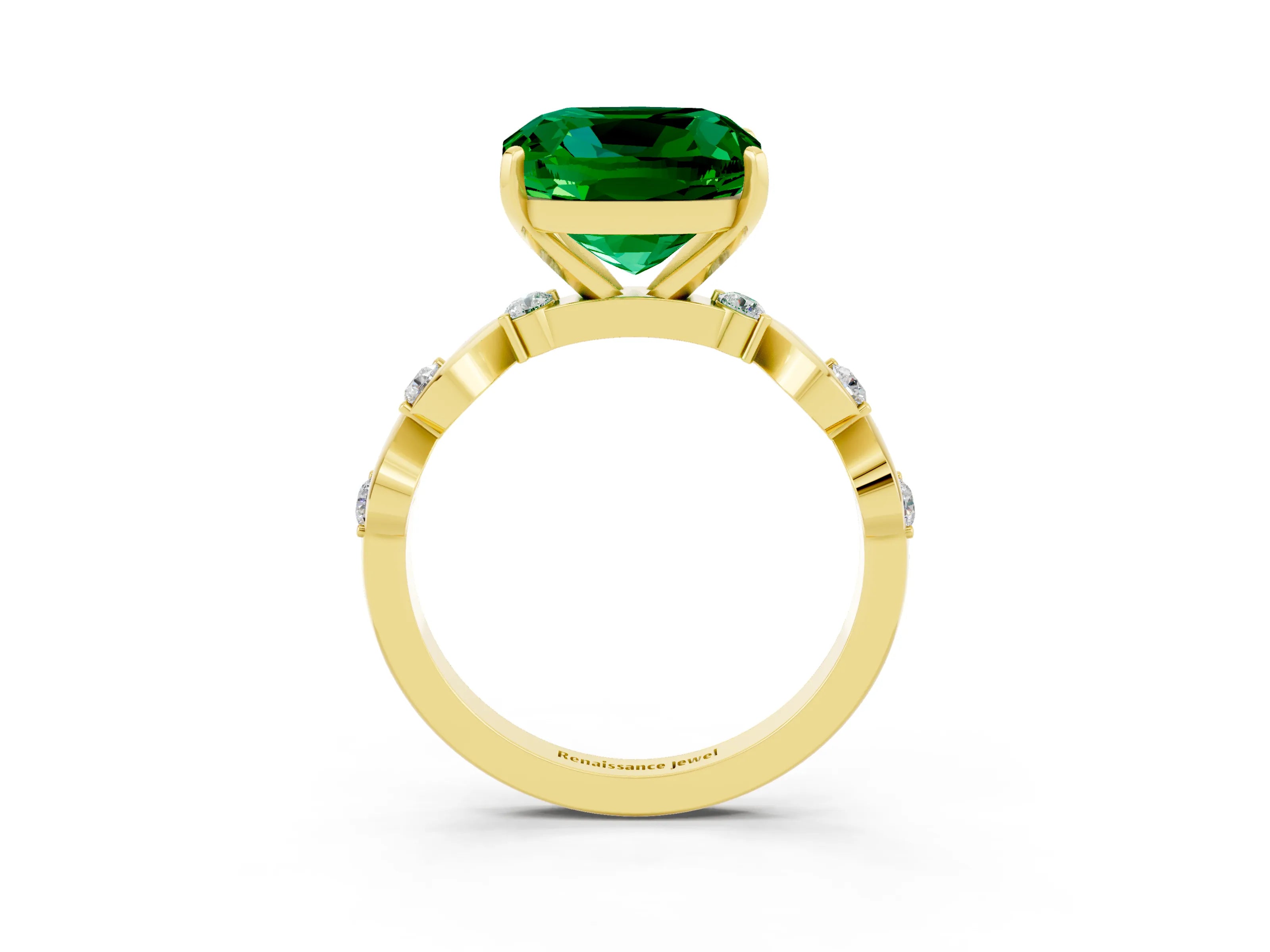 Yellow gold Cushion Cut Emerald Solitaire Twisted Band with Round  Accents and Prong Setting_15