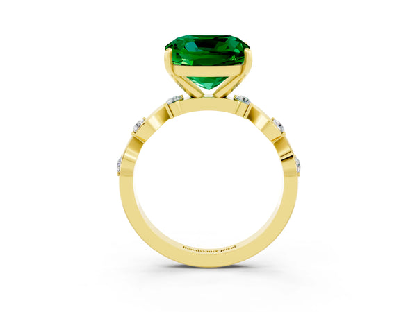 Yellow gold Cushion Cut Emerald Solitaire Twisted Band with Round  Accents and Prong Setting
