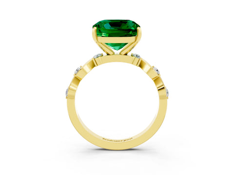 Yellow gold Cushion Cut Emerald Solitaire Twisted Band with Round  Accents and Prong Setting_15
