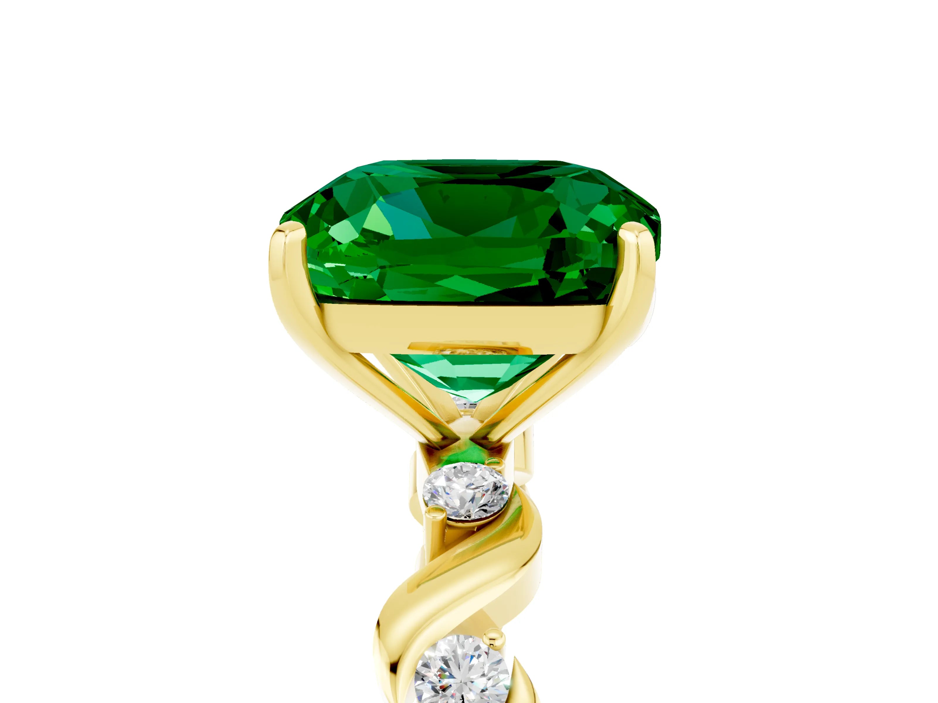 Yellow gold Cushion Cut Emerald Solitaire Twisted Band with Round  Accents and Prong Setting_17