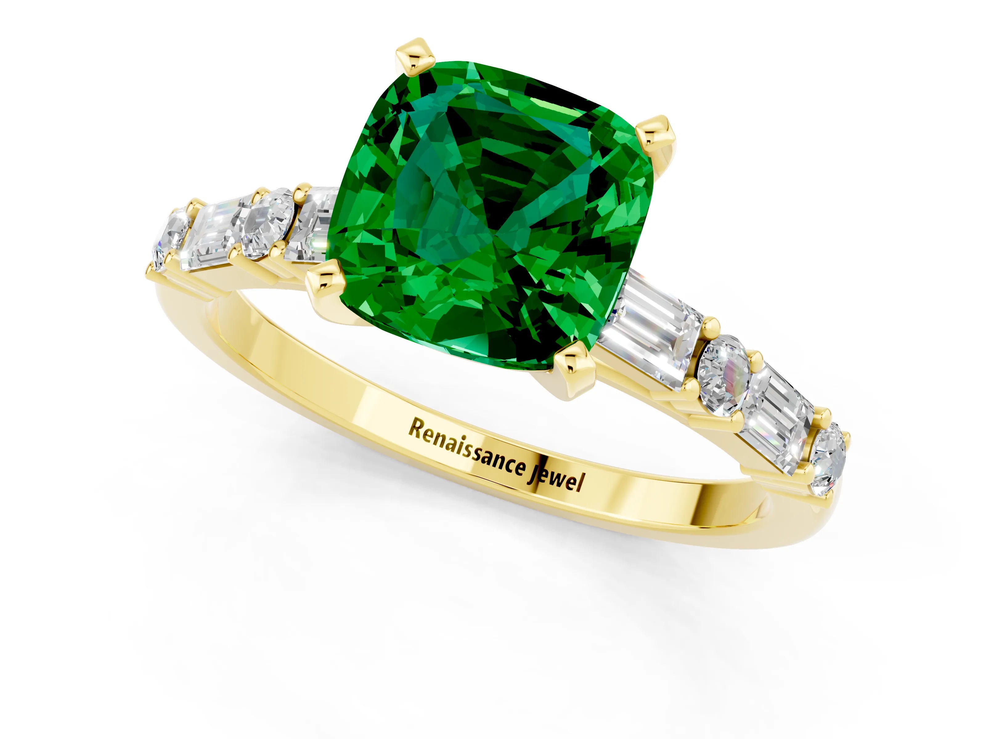 Yellow gold Cushion Cut Emerald Solitaire with Side Baguettes and Channel Set Band_1