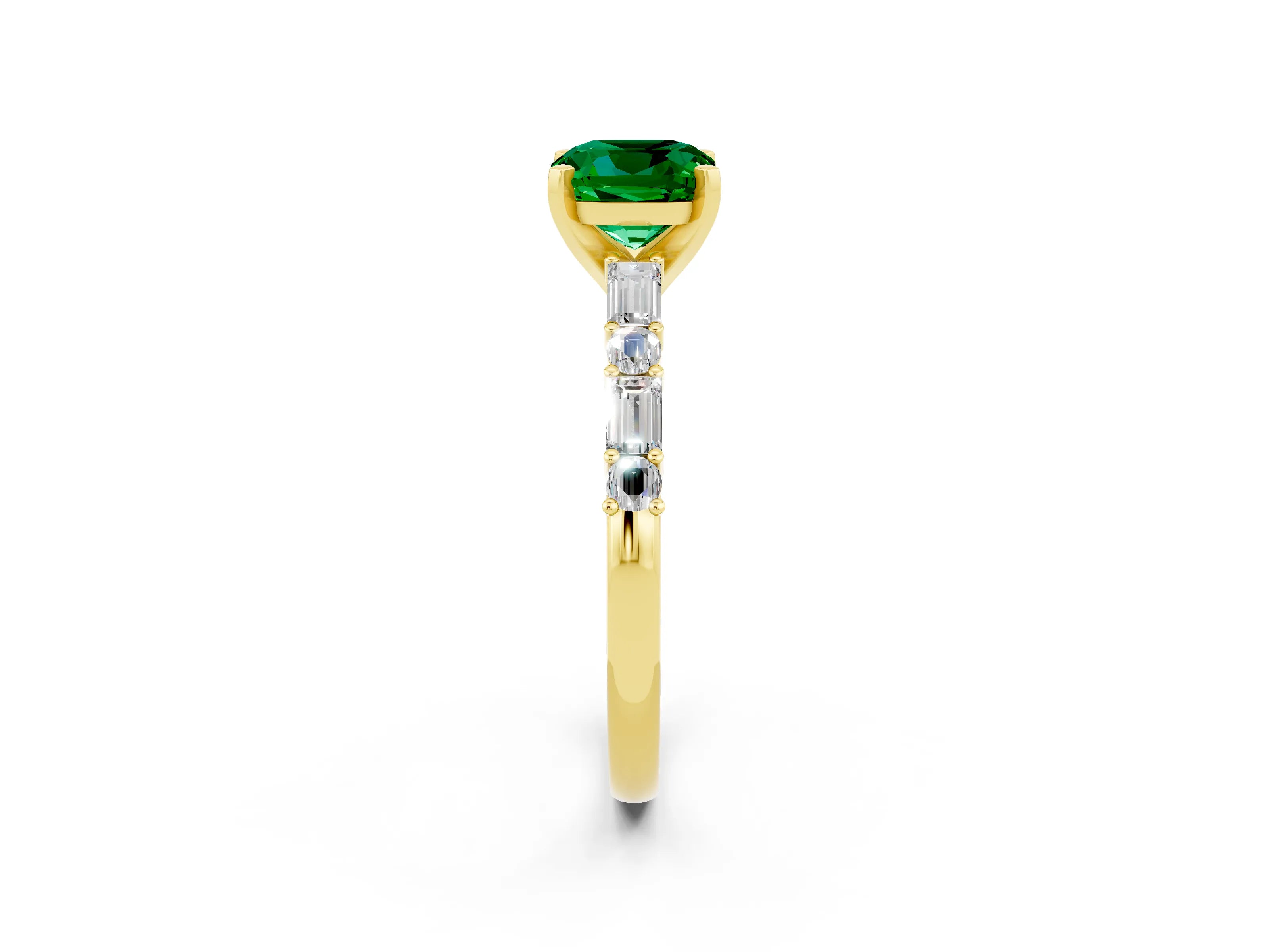 Yellow gold Cushion Cut Emerald Solitaire with Side Baguettes and Channel Set Band_2