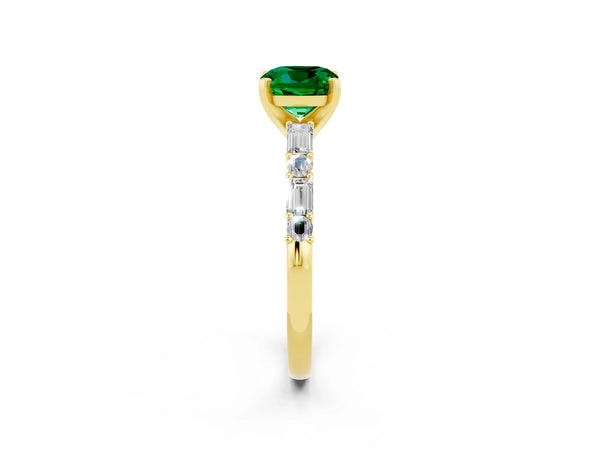 Yellow gold Cushion Cut Emerald Solitaire with Side Baguettes and Channel Set Band