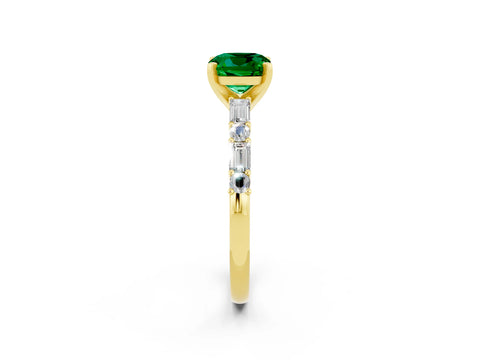 Yellow gold Cushion Cut Emerald Solitaire with Side Baguettes and Channel Set Band_2