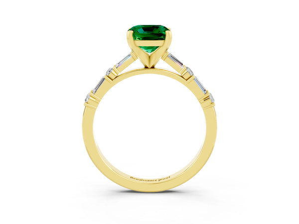 Yellow gold Cushion Cut Emerald Solitaire with Side Baguettes and Channel Set Band
