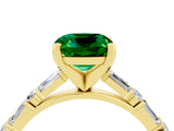 Yellow gold Cushion Cut Emerald Solitaire with Side Baguettes and Channel Set Band_4