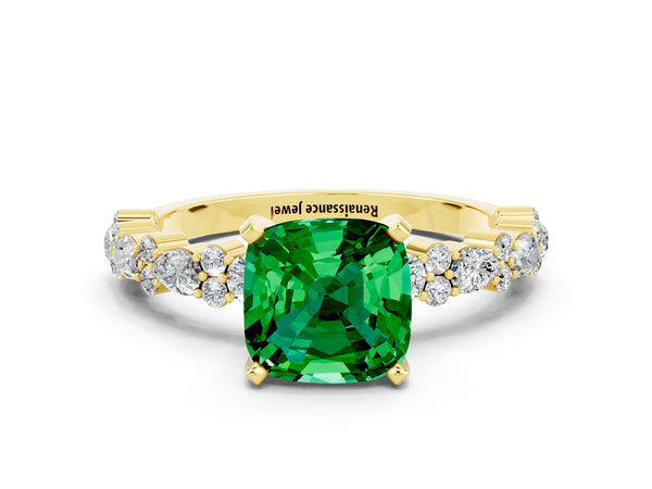 Yellow gold Cushion Cut Emerald Side Stone Solitaire Ring with Round  and Four-Prong Setting