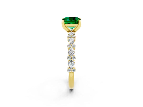 Yellow gold Cushion Cut Emerald Side Stone Solitaire Ring with Round  and Four-Prong Setting