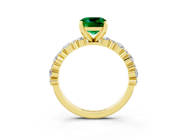 Yellow gold Cushion Cut Emerald Side Stone Solitaire Ring with Round  and Four-Prong Setting